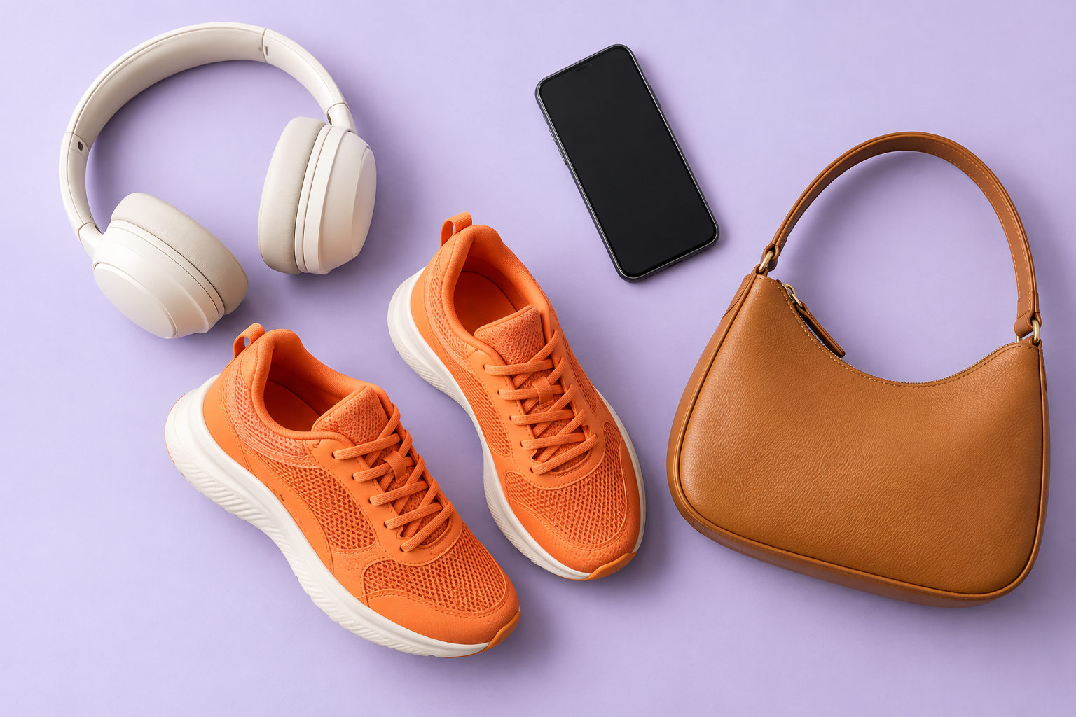 Sélection d’accessoires : casque, baskets, téléphone et sac